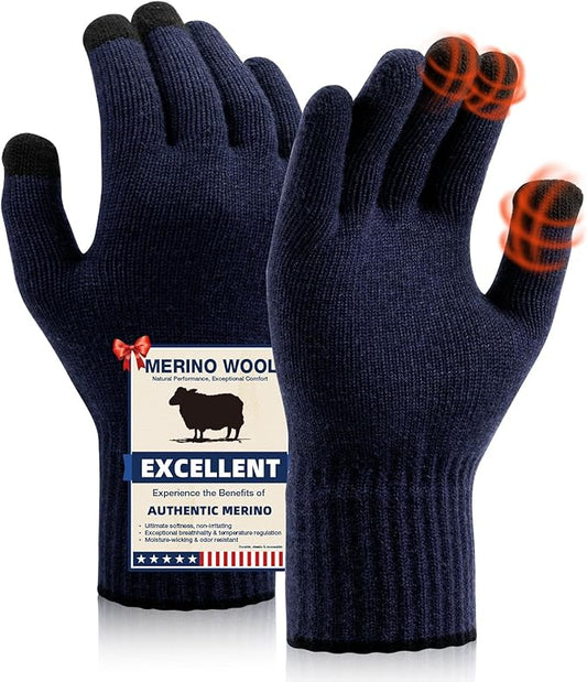 Merino Wool Gloves for Men Women, Touch Screen Warm Glove Liners Thermal Soft Knit Lining for Winter Running Hiking