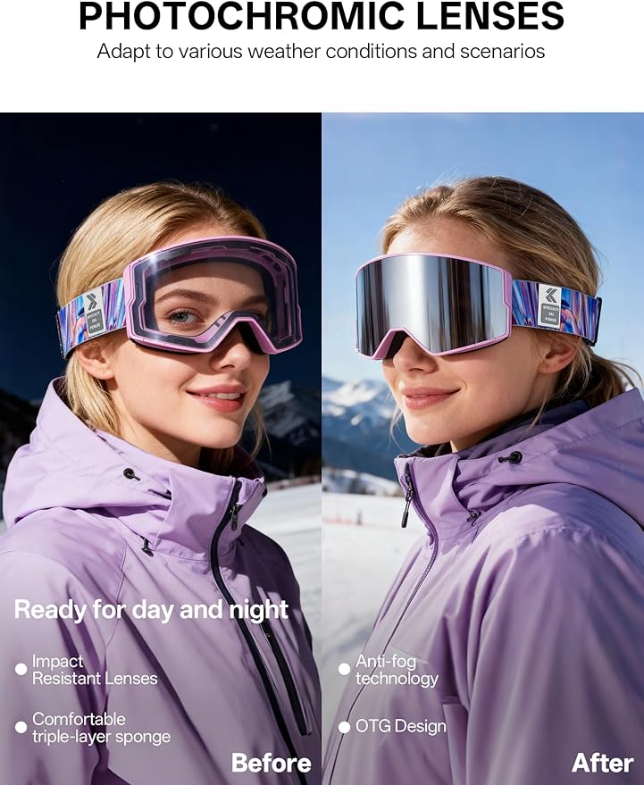 KAPVOE Ski Goggles Photochromic & Color Anti-fog UV400 Protection OTG Snowboard goggles Suitable for Men Women K722
