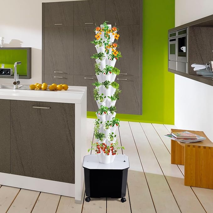 10 Tier 50 Plant Sites Hydroponic Garden Tower Vertical Planting Kit – Large Tank Indoor Outdoor HerbVegetable Garden System with Automatic Water Circulation Timer for Lettuce Tomatoes Fruits