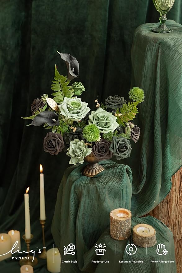 Ling's moment Fake Flowers Box, Faux Artificial Greenery Stems Foam Roses Gardenia Silk Lily Fabic Flower for Centerpieces Bouquet Wedding Vase Floral Decorations, Emerald & Gold, Grand Combo