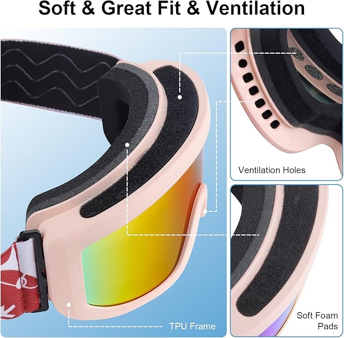 OTG Kids Ski Goggles Kids Snowboard Goggles for Boys Girls Toddler Youth Kid Snow Goggles Anti-Fog UV400 Protection