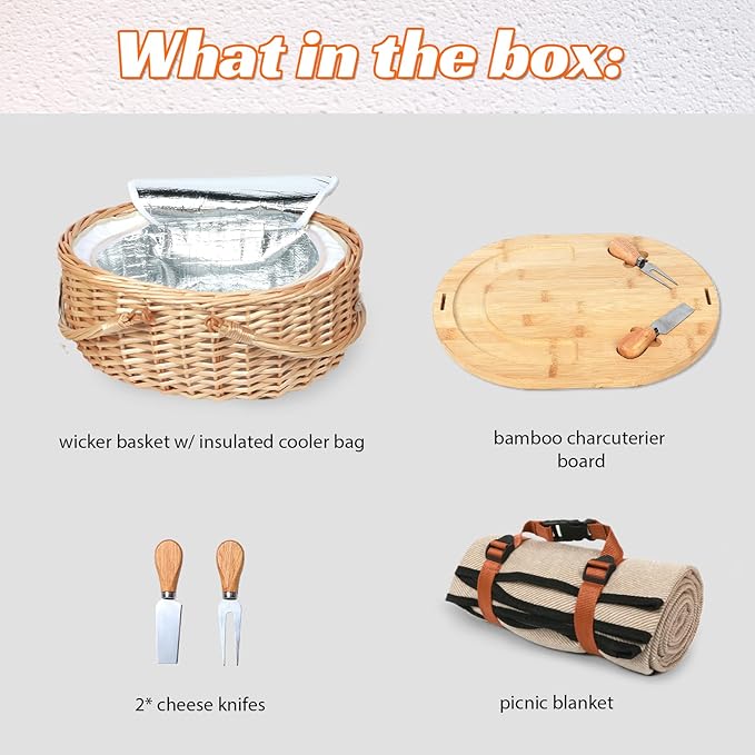 Hap Tim Dual Wicker Picnic Basket Set with Blanket for 2 - Unique Gifts Ideas for Couple, Engagement, Wedding, Bridal Shower, Family, Christmas - White Elephant Gifts for Adults（Y2408A-2）