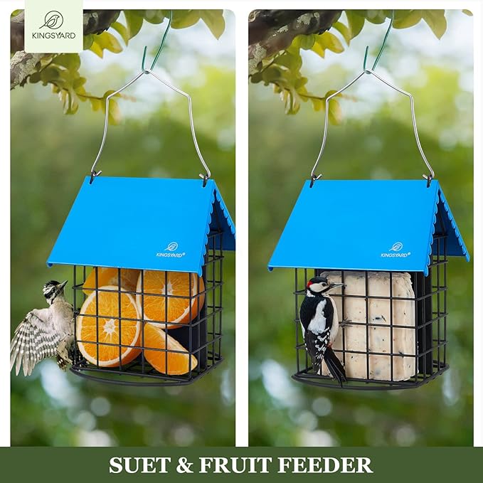 Kingsyard Double Suet Bird Feeder with Weatherproof Roof & Perch, All Metal, Suet Cakes Cage Bird Feeder for Outdoors Hanging, Easy to Clean & Refill, Blue