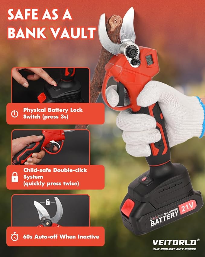 VEITORLD 20V Electric Pruning Shears, Garden Shears, 30mm 1.2'' Cutting Diameter Portable Cordless Branch Cutter Tree Trimmer with LCD Display＆Replaceable Blade (Included 2.0Ah Batteries)