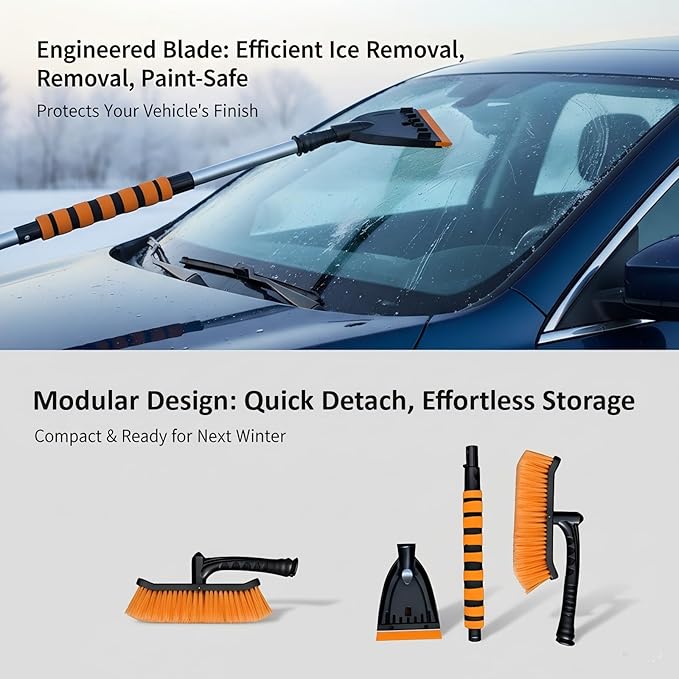 Snow Brush and Ice Scrapers for Car Windshield, 360° Pivoting Brush Head Detachable Snow Scrapers with Ergonomic Foam Grip;36inch Extendable Snow Brushs for Car，SUV and truck,Orange,Car Accessories