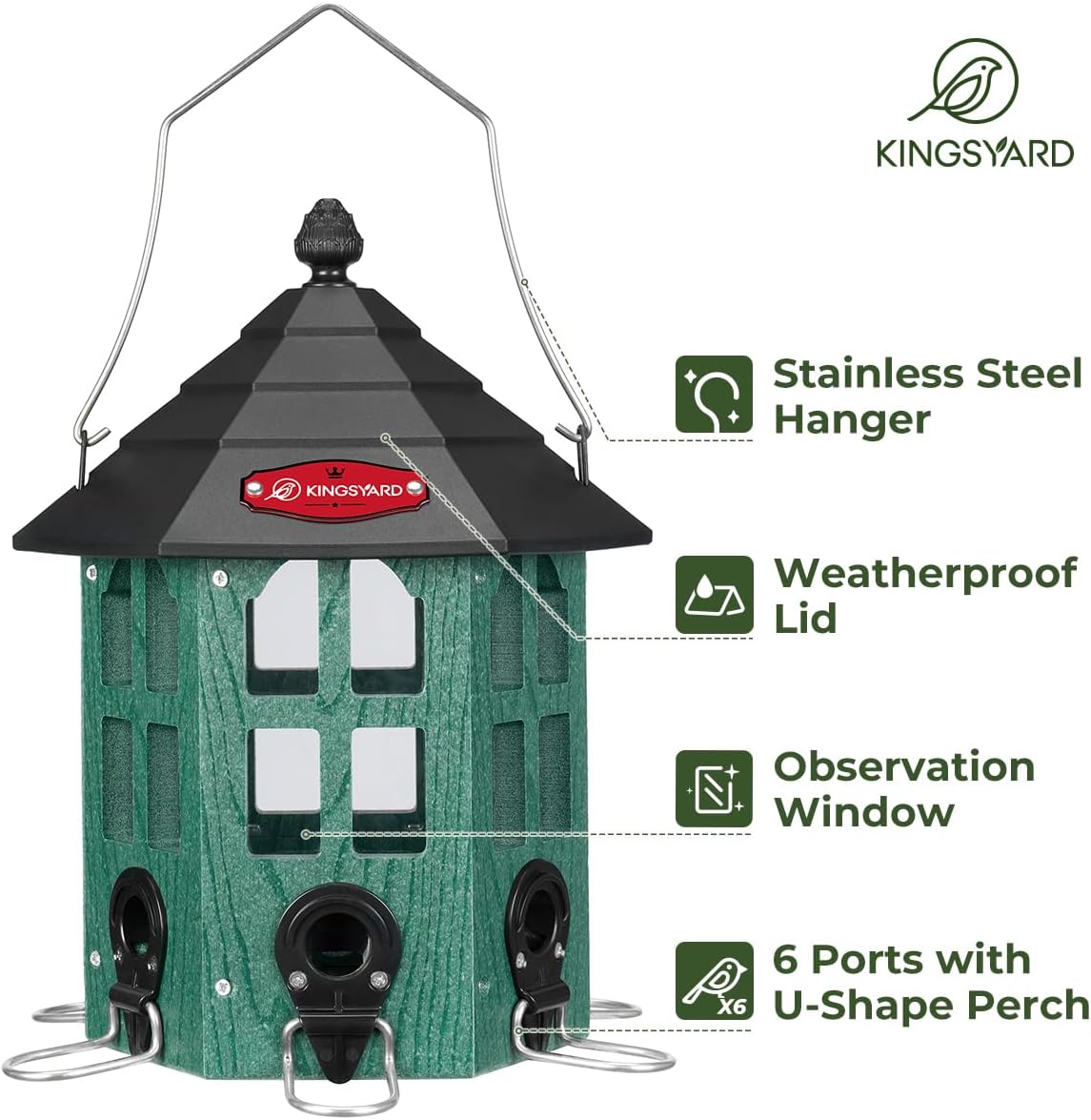 Kingsyard Wild Bird Feeder for Outdoor Hanging, Recycled Plastic Bird Feeders with 6 Ports & U-Shape Perch, Garden Yard Outside Decoration, 3.5 lbs Seed Capacity, Green