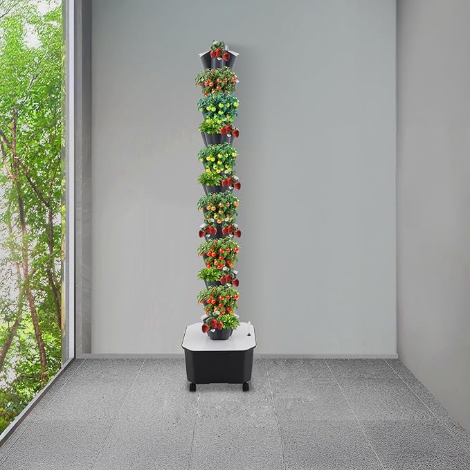 Hydroponic Grow Tower 12 Tiers 60 Holes, 6.6Gal Indoor Vertical Garden System with Water Pump, Automatic Water Circulation - Garden Hydroponic Growing Kit for Leafy Vegetables, Herbs, Strawberries