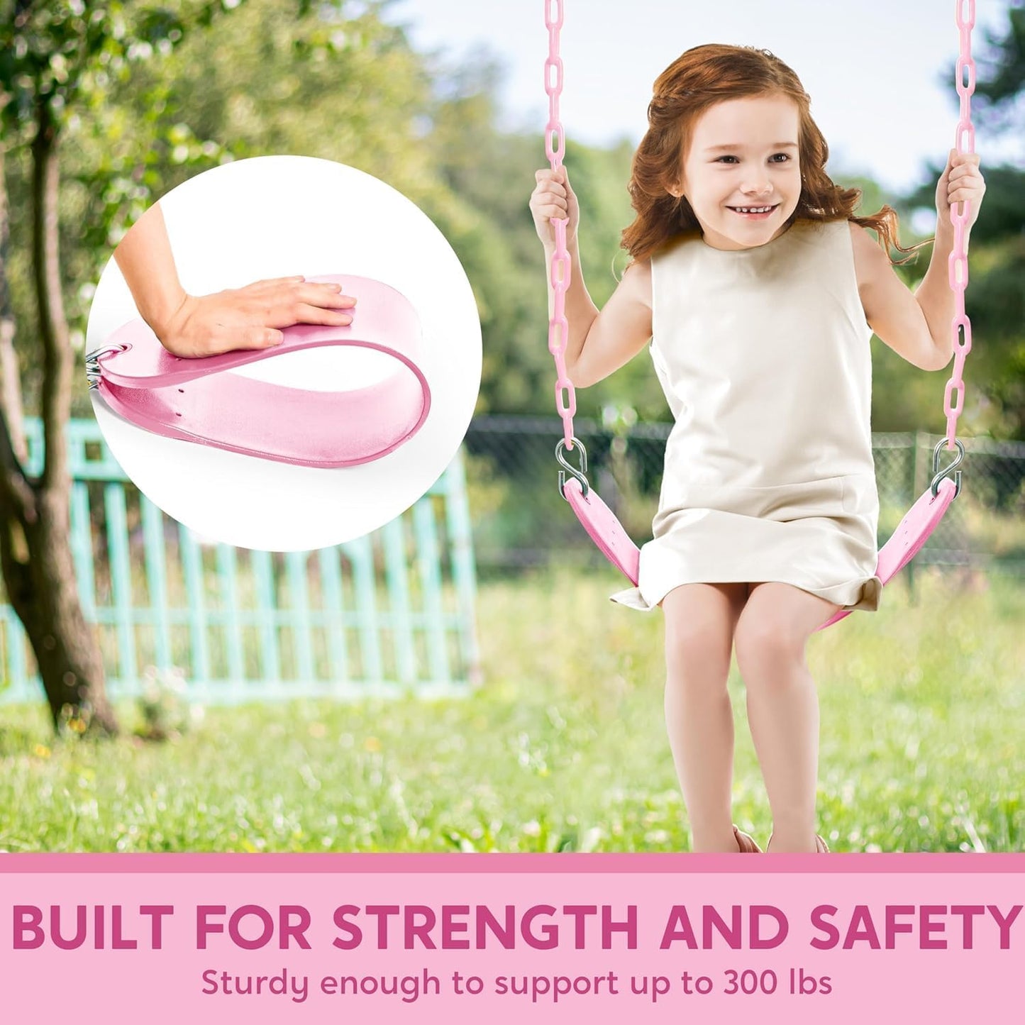 TURFEE Heavy Duty Swing Seat Pink Color with 66” Chain, Swing Set Accessories Replacement with Snap Hooks for Kids Outdoor Play Playground