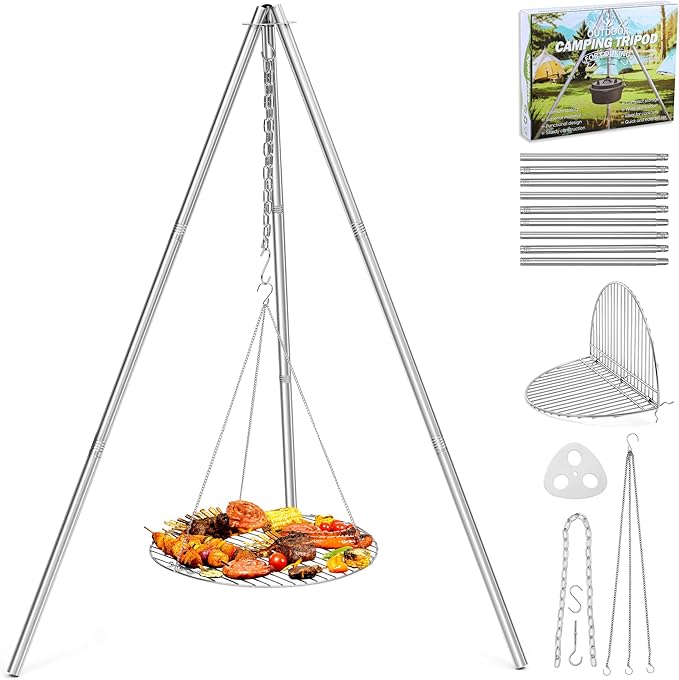 Joyfair Campfire Camping Tripod Grill Grate(17” Dia.), Heavy Duty Stainless Steel Openfire Tripod with Over Firepit Rack Camp Equipment, Adjustable Height Stand for Outdoor BBQ Cooking Grilling