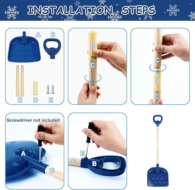 1Pcs Kids Snow Shovel Detachable Toddler Snow Shovel 22"-32" H Small Wooden Shovel with Plastic Scoop & D-Grip Handle Mini Child Digging Shovel Blue Winter Gift for Outdoor Yard Driveway Activities