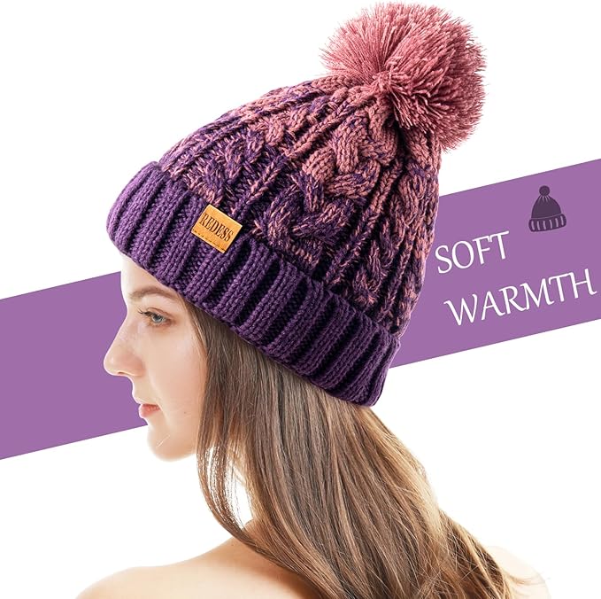 REDESS Women Winter Pompom Beanie Hat with Warm Fleece Lined, Thick Slouchy Snow Knit Skull Ski Cap