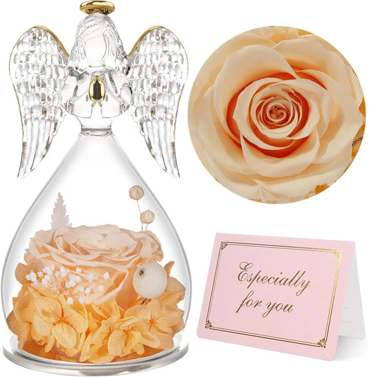 Yamonic Angel Figurine with Preserved Rose, Champagne, Gifts for Mom Grandma, Mothers Day, Christmas, Anniversary, Birthday