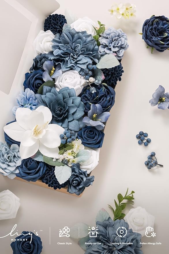 Ling's moment Fake Flowers Box, Faux Artificial Greenery Stems Foam Roses Gardenias Silk Dahlia Peony Fabic Flower for Centerpieces Bouquet Wedding Vase Decorations, Dusty Blue & Navy, Deluxe Combo