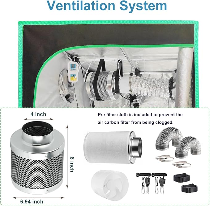 Grow Tent Kit Complete 4 x4 ft High Reflective Mylar Hydroponics Indoor Plant Growing Tent with LED Grow Light,Carbon Filter,Ventilaion Fan,Hydroponics Growing System+Accesseries (4 x 4 x 6.6 FT)