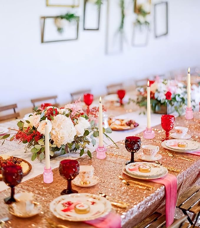 Vixdonos Taper Glass Candlestick Holders Tealight Candle Holders for Table Centerpieces, Wedding Decor and Dinner Party (6 Pcs, Pink)