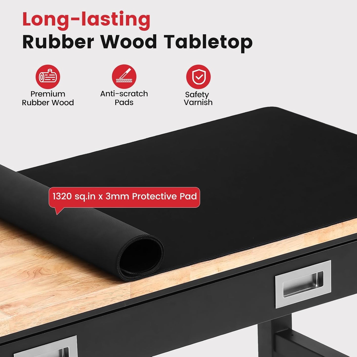 Work Bench for Garage with Drawers 60 x 22 Inch Heavy Duty Rubberwood Tabletop Work Table with Pegboard, Power Outlets Adjustable Workbench for Woodworking Shop, Home, Office, Electronic