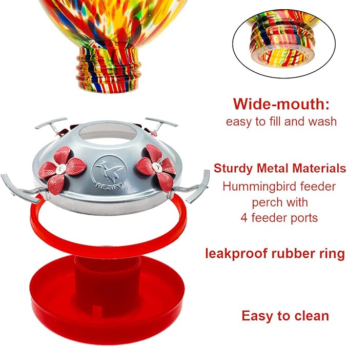 REZIPO Hummingbird Feeder with Perch - Hand Blown Glass - Colored - 38 Fluid Ounces Hummingbird Nectar Capacity Include Hanging Wires and Moat Hook