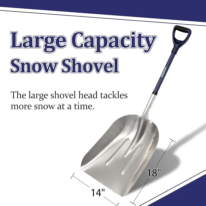 Aluminum Snow Shovel - Large Capacity Driveway Snow Removal Tool, Fiberglass D-Handle, 45 Inch Blade