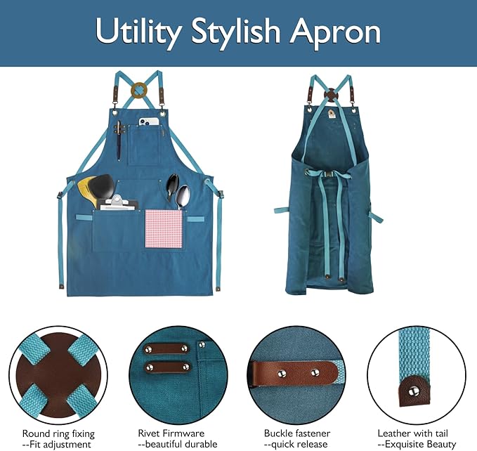 5 Pack Kitchen Apron, Work Apron, Canvas, Multiple Pockets, Gardening, Painting, BBQ, Artist, Carpenter, Sizes M to XXL, Blue