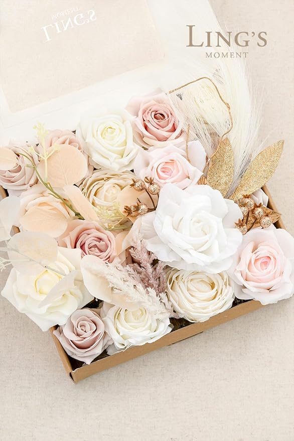 Ling's moment Fake Flowers Box, Faux Artificial Greenery Stems Foam Roses Berry Silk Eucalyptus Fabic Flower for Centerpieces Bouquet Wedding Vase Floral Decorations, White & Beige, Grand Combo