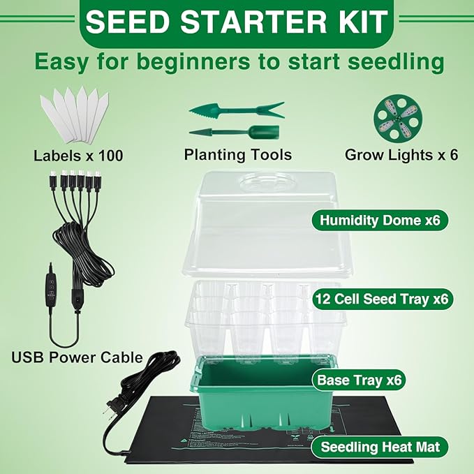 Apipi Seed Starter Tray with Grow Light & Heat Mat- 6 Pack 72 Cell Durable Easy Use Seed Starter Kit for New Gardener, Rapid Seedling Germination Kit with Humidity Domes for Plant Growing Propagation