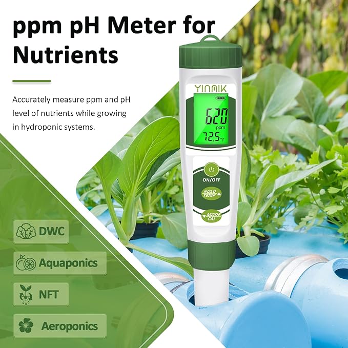 YINMIK pH EC Meter for Water Hydroponics, PPM Meter for Nutrients, Measure pH PPM Conductivity Temperature of Hydroponic Garden Water and Nutrient Solution, EC pH TDS Meter for Water, Aquarium, Pool