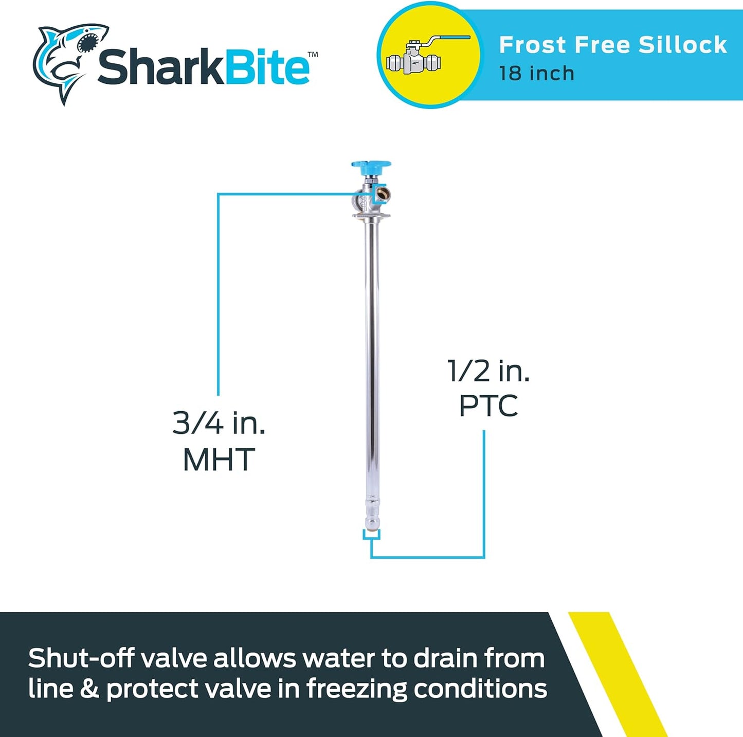 SharkBite 18 Inch Frost Free Sillcock, 1/2 x 3/4 Inch MHT, Push to Connect Brass Plumbing Fitting, PEX Pipe, Copper, CPVC, PE-RT, HDPE, 24638LF