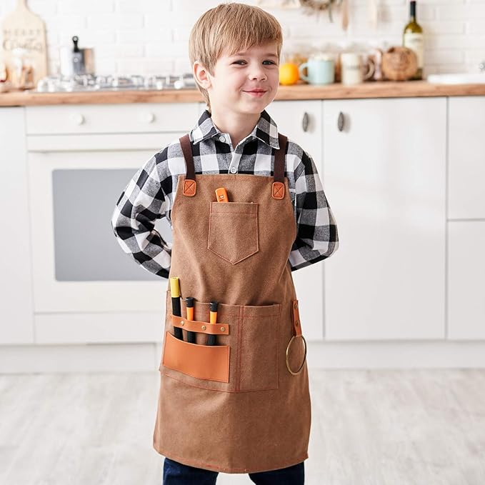 NEOVIVA Heavy Duty Work Apron for Kid Boys with Pockets and Adjustable Cross-back Straps