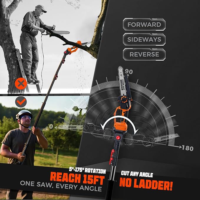 8'' Electric Pole Saws for Tree Trimming, Cordless 2-in-1 Pole Saw & Mini Chainsaw with Extension Pole, Battery Powered with 2x4.0Ah Batteries and Charger, Max 16FT Reach for Pruning