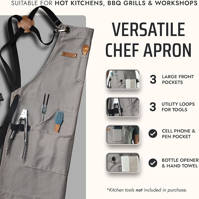 Asaya Chef and BBQ Apron with Bottle Opener and Hand Towel - 10oz Cotton Canvas, Stainless Steel Hardware - Cross Back Straps
