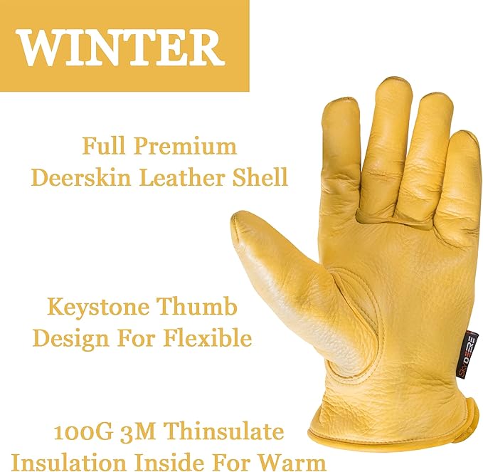 SKYDEER Full Deerskin Leather Winter Drive Work Gloves, Extra Soft 100G 3M Thinsulate, Thermal Insulated Gloves (SD2211T)