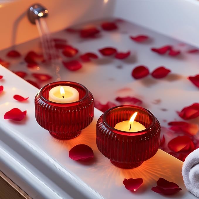 Kate Aspen Red Ribbed Taper Candle Holders for Candlesticks Set of 4 - Christmas Decor, Holiday Candle Holders, Red Candlesticks & Votive Candle Holder for Christmas Table Centerpieces