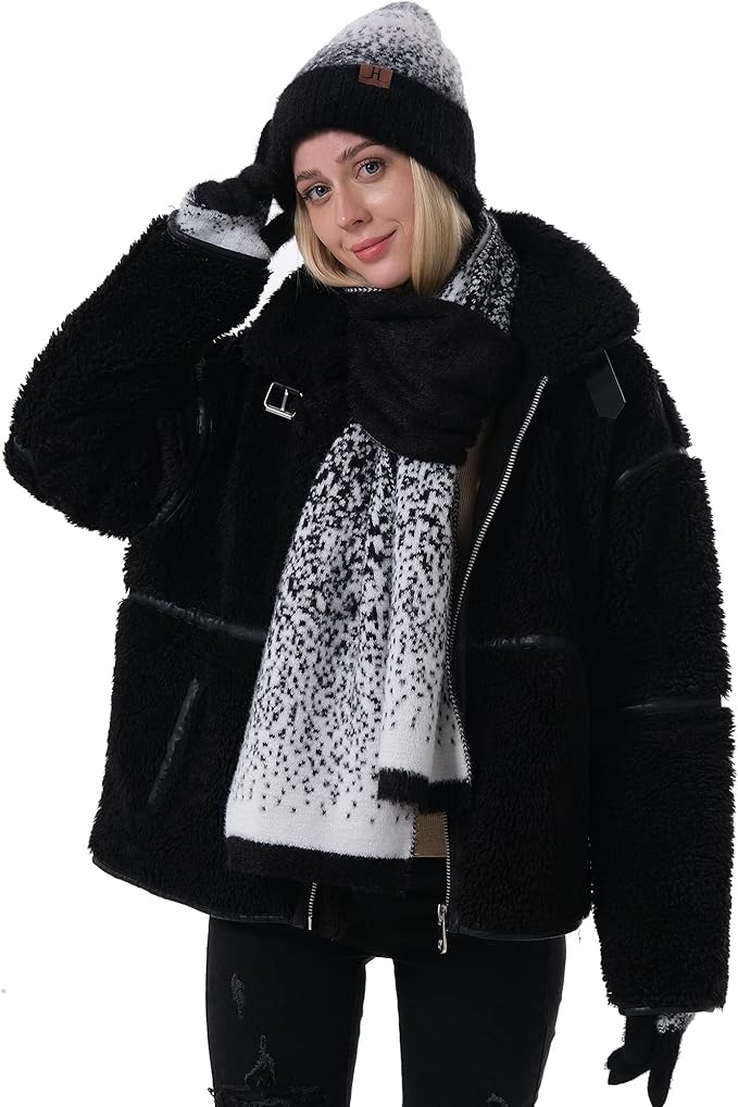 Womens Winter Knit Beanie Hats and Touchscreen Gloves Long Scarf Set with Warm Fleece Lined Skull Caps Scarves for Women