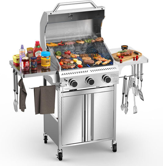 3-Burner Gas Grill with Folding Side Tables,Stainless Steel 24,000 BTU BBQ Grill,Outdoor Propane Grill for Barbecue,Patio,Camping