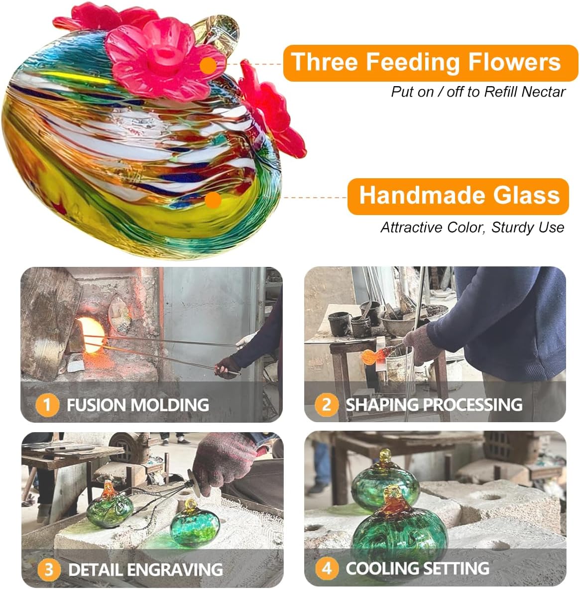 Small Glass Hummingbird Feeders for Outdoors Hanging - Hand Blown Glass Ball Nectar Feeding, Multi Color with 3 Flowers Feeding Ports, Decor for Garden/Backyard Outside