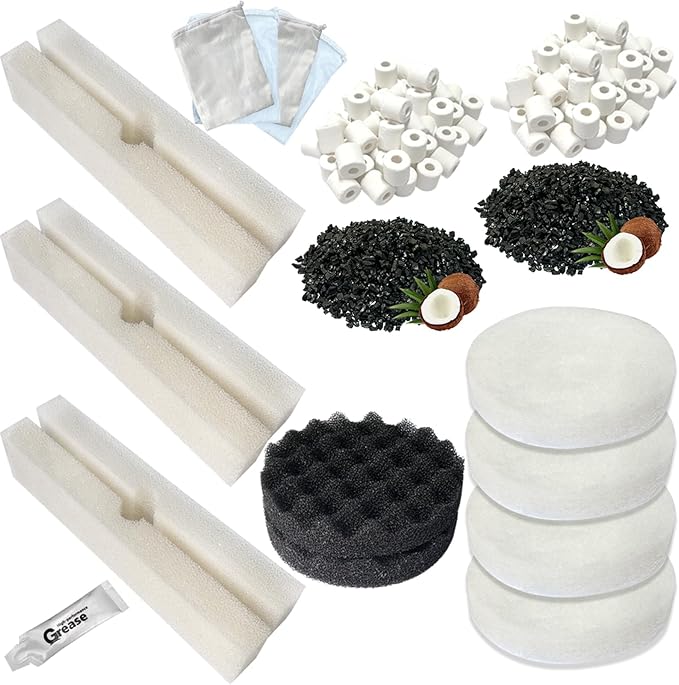 21 PCS Aquarium Media Kits Replacement for Fluval FX4 / FX5 / FX6 Canister Filters, Including Bio-Foam Block, Carbon Sponge Filter, Ceramic Ring, Activated Carbon, Silicone Lubricant, Mesh Bag