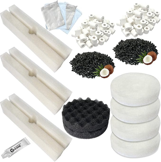 21 PCS Aquarium Media Kits Replacement for Fluval FX4 / FX5 / FX6 Canister Filters, Including Bio-Foam Block, Carbon Sponge Filter, Ceramic Ring, Activated Carbon, Silicone Lubricant, Mesh Bag