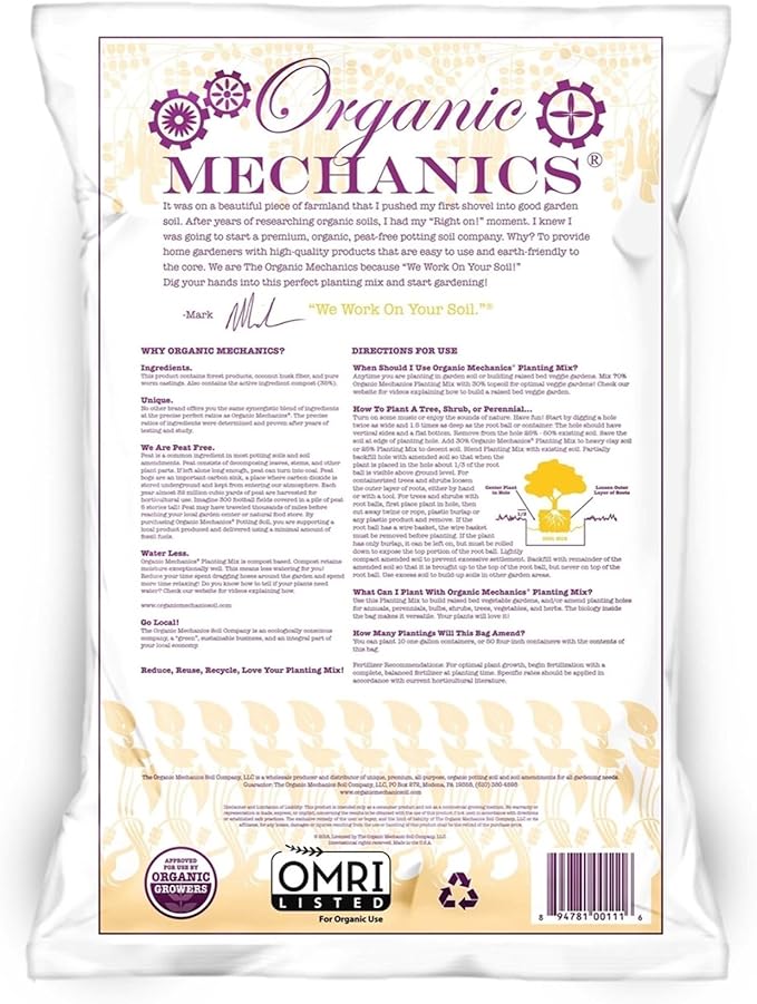 Organic Mechanics Planting Mix Compost Blend, 1 Cu Ft - Revitalizes Garden Soil with Compost, Pine Bark, Coconut Coir, and Worm Castings for Raised Beds, Gardens & More - Peat-Free & Eco-Friendly