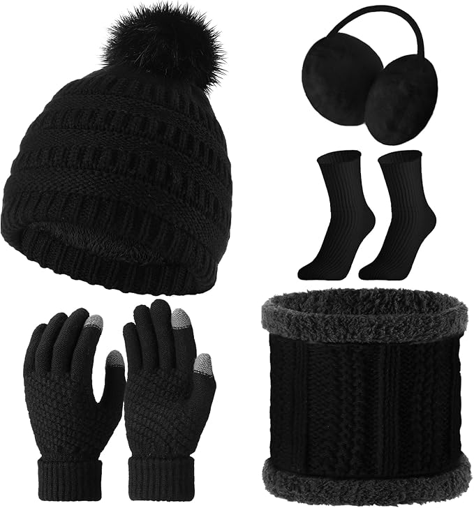 5 Pieces Women Winter Warm Set Knit Beanie Hat Scarf Touchscreen Gloves Earmuffs Stockings 5 in 1 Ski Outing Set for Gift
