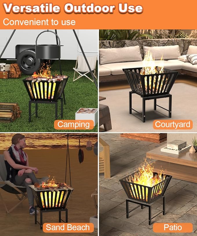 Outdoor Fire Pit — 17 Inch Portable with Storage Bag for Camping, Patio Heating, Picnic and BBQ, Trapezoid Vertical Hollow, Black