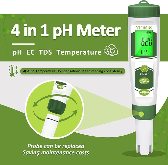 YINMIK pH EC Meter for Water Hydroponics, PPM Meter for Nutrients, Measure pH PPM Conductivity Temperature of Hydroponic Garden Water and Nutrient Solution, EC pH TDS Meter for Water, Aquarium, Pool