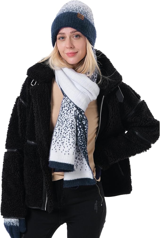 Womens Winter Knit Beanie Hats and Touchscreen Gloves Long Scarf Set with Warm Fleece Lined Skull Caps Scarves for Women