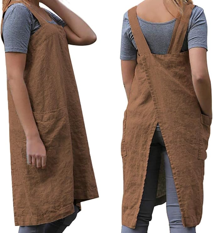 WROLEM Women's Practical Cross Back Pinafore Apron with Large Pockets Home Kitchen,Restaurant,Coffee House,Cooking,Gardening