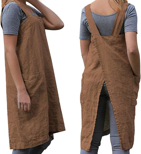 WROLEM Women's Practical Cross Back Pinafore Apron with Large Pockets Home Kitchen,Restaurant,Coffee House,Cooking,Gardening