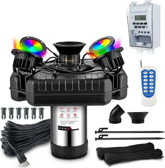 Goldlife Pond Fountain Aerator, F3 With 4 RGB Lights, 1HP 750W 110V Stainless Steel Floating Fountain With 100FT Power Cord, Octagon Aerating Fountain Pump for Small Large Pond Lake Pool Bay Fish farm