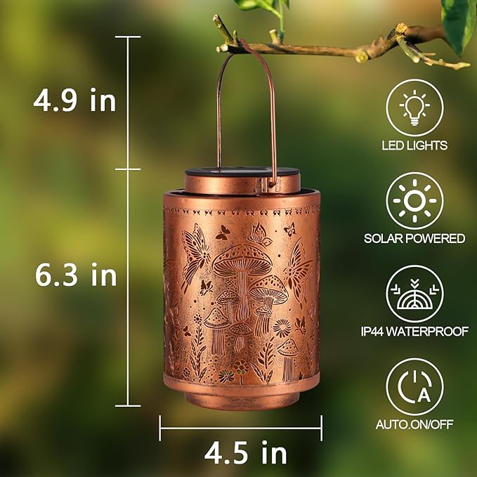 Solar Lanterns Outdoor Waterproof Mushroom Butterfly Garden Decor Gifts for Women Mon Grandma Metal Hanging Solar Lights Decoration for Outside LED Lanterns for Yard Patio Lawn