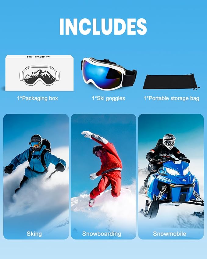 AVV Ski Goggles UV Protection, Anti-Fog Snowboard Snow Goggles OTG for Men Women Adults & Youths
