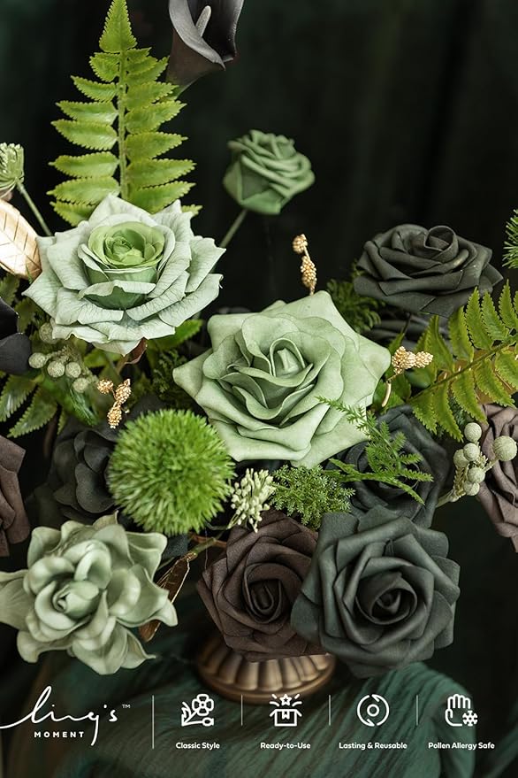 Ling's moment Fake Flowers Box, Faux Artificial Greenery Stems Foam Roses Gardenia Silk Lily Fabic Flower for Centerpieces Bouquet Wedding Vase Floral Decorations, Emerald & Gold, Grand Combo