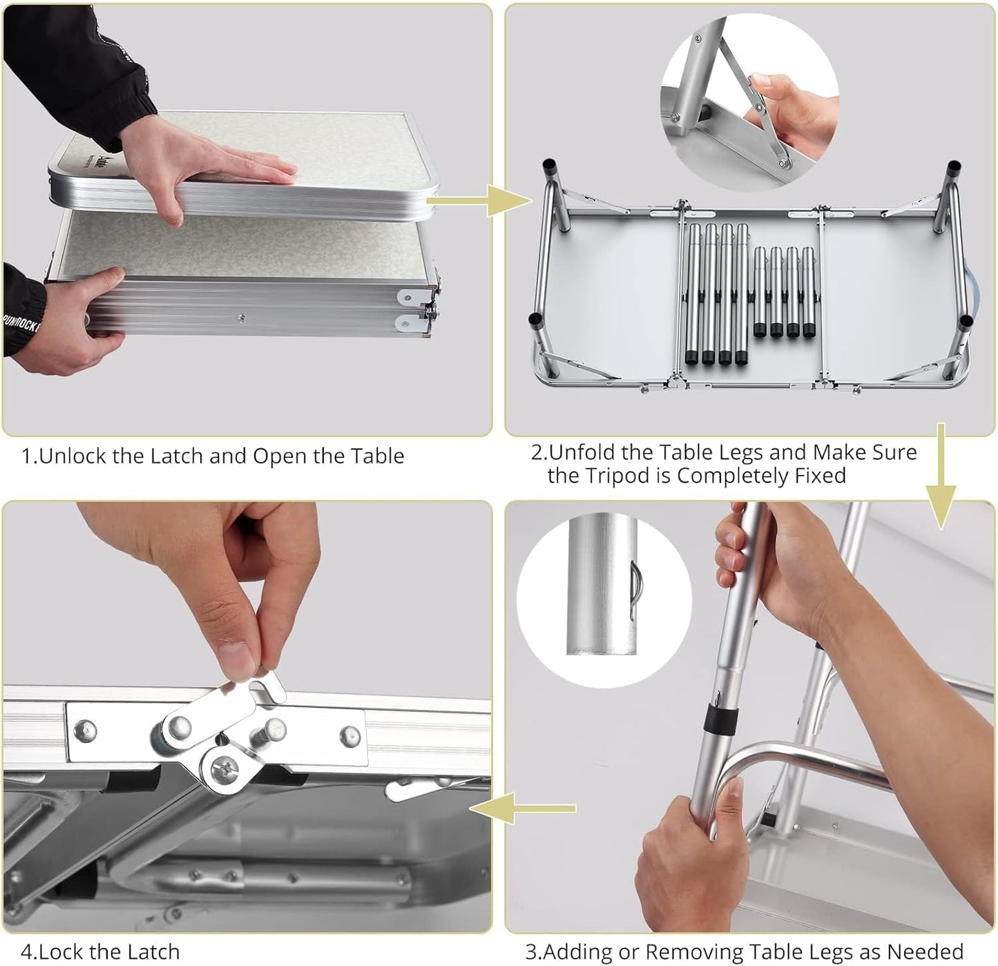 Folding Camping Table with Storage Net, 3ft Camping Table Aluminum Folding Table with 3 Adjustable Height Max 27.1 Inch, Portable, for Outdoor Backyard BBQ, Silver