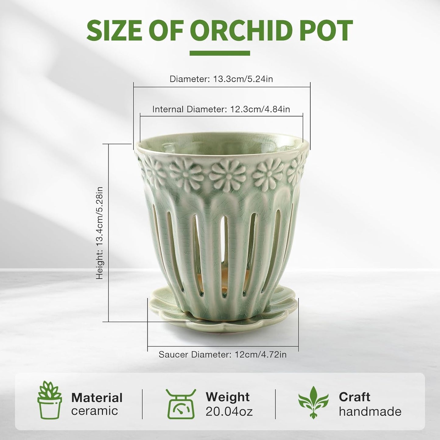 5" Ceramic Orchid Pots with Holes | Crackle Glazed Orchid Pot with Drainage and Separate Saucer | Ideal Plant Pot for Repotting Orchids and Other Flowers(Green)